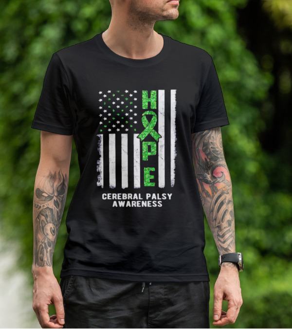 Hope American Flag Green Ribbon Cerebral Palsy Awareness T-Shirt