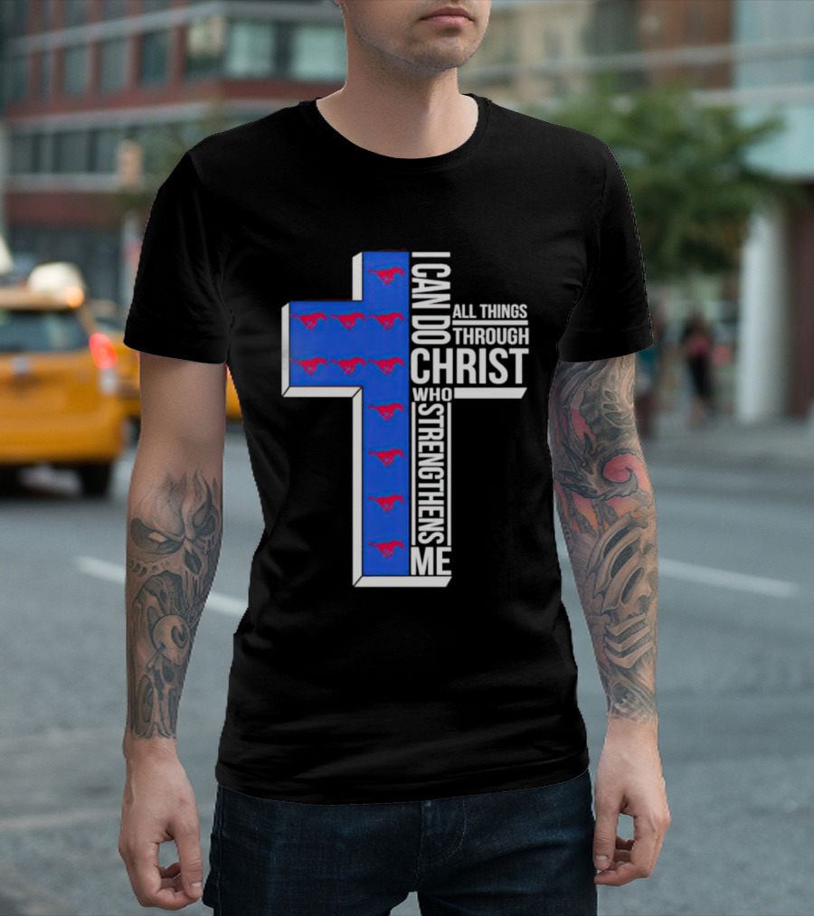SMU Mustangs I Can Do All Things Through Christ Who Strengthens Me Cross T-Shirt