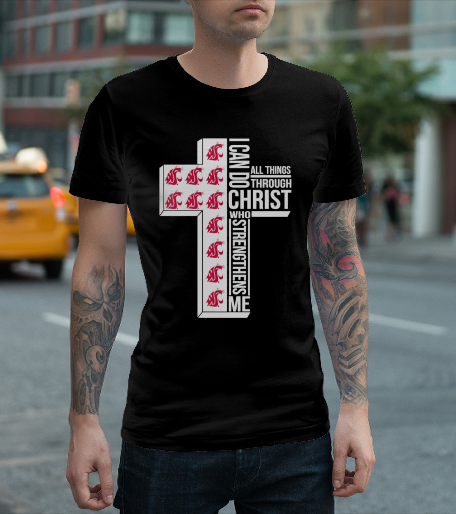 Washington State Cougars Logo I Can Do All Things Through Christ Cross T-Shirt