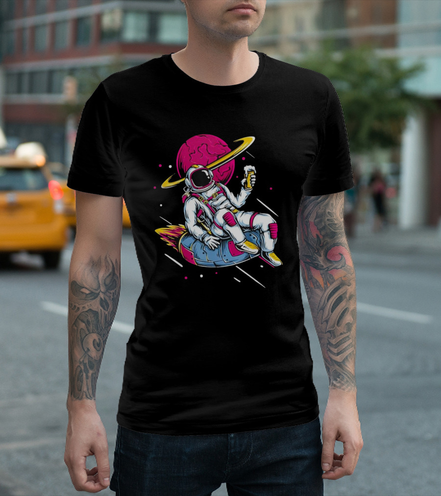 Astronaut Drinking Beer in Space Suit with Planet Background T-Shirt