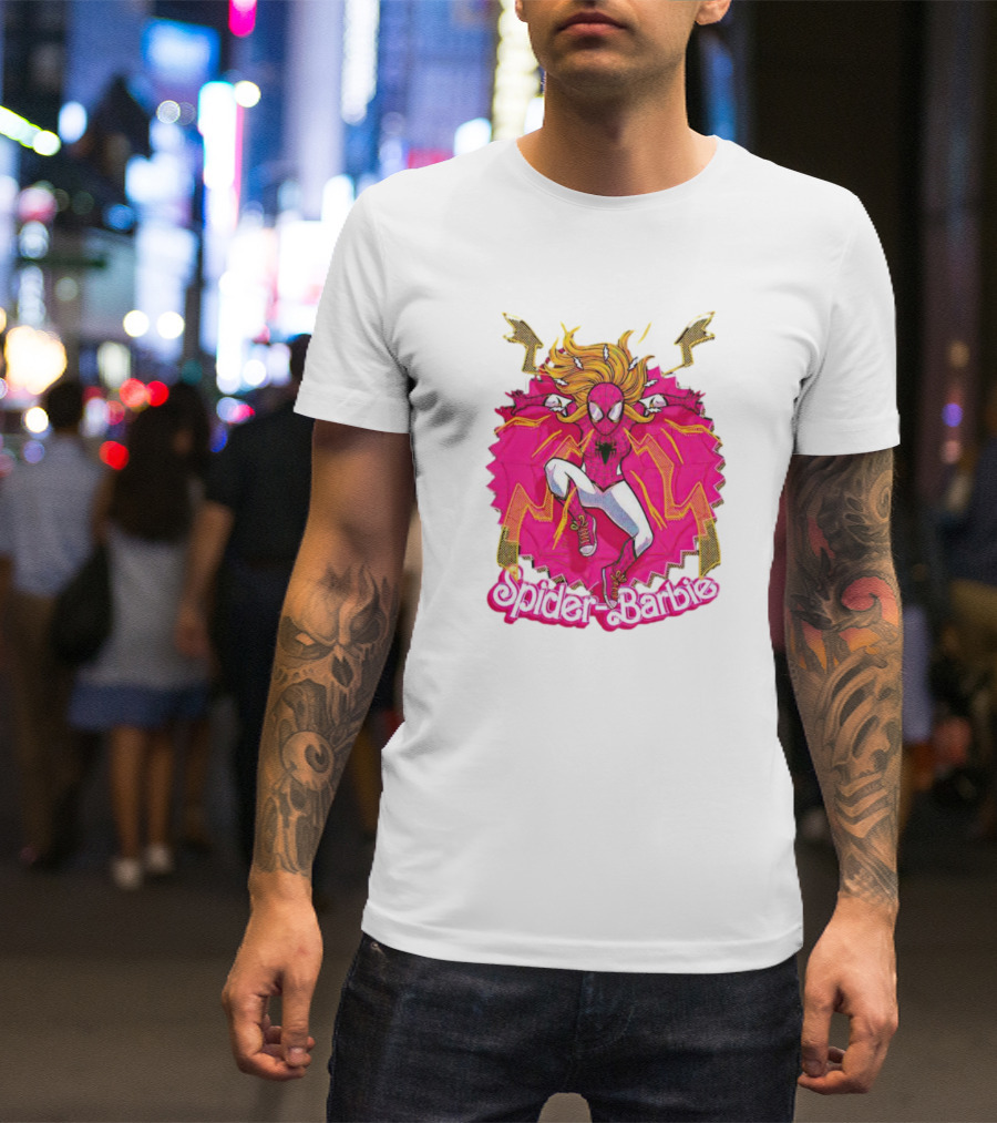 Spider-Barbie Across The Barbie-Verse With Pink Spider Suit And Dynamic Web Background T-Shirt