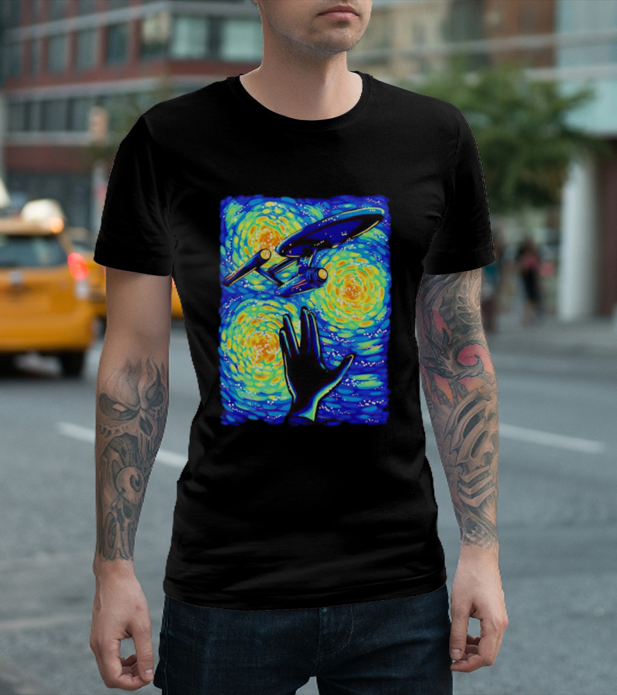 Star Trek Enterprise in Starry Night with Vulcan Salute Starry Trek T-Shirt