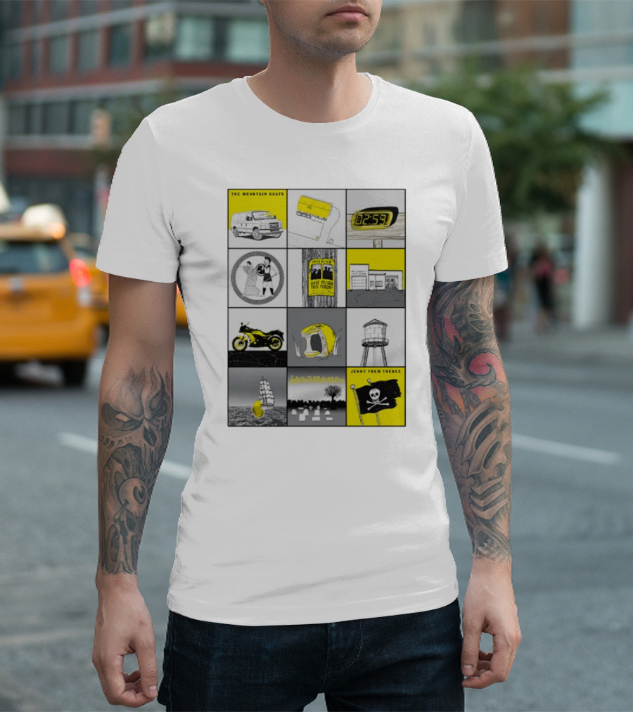 The Mountain Goats Jenny From Thebes Album Art Collage with Van Cassette Clock Sports Motorcycle Tree Water Tower Pirate Ship T-Shirt