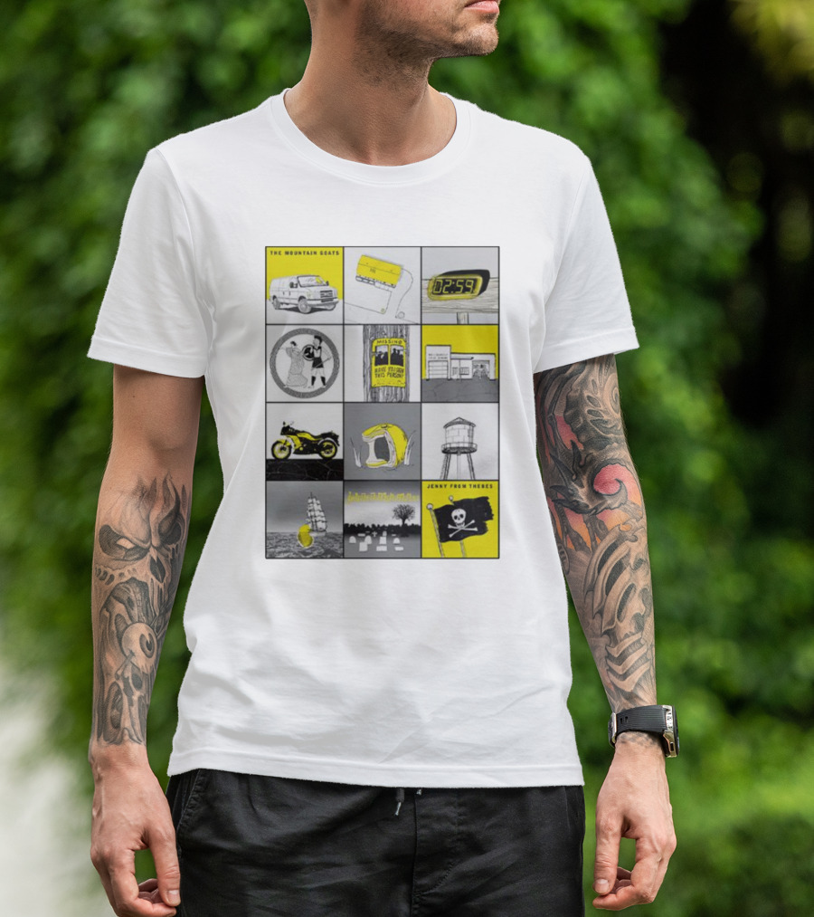 The Mountain Goats Jenny From Thebes Album Art Collage With Van Cassette Clock Sports Motorcycle Tree Water Tower Pirate Ship T-Shirt