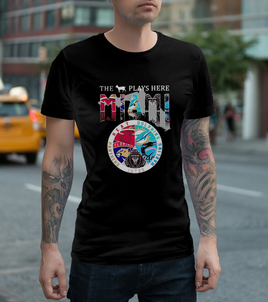 Miami Sports Team Logos Panther Heat Dolphins Marlins Inter The Goat Plays Here T-Shirt