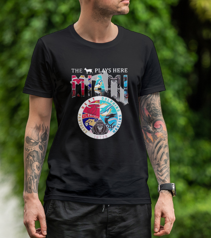 Miami Sports Team Logos Panther Heat Dolphins Marlins Inter The Goat Plays Here T-Shirt