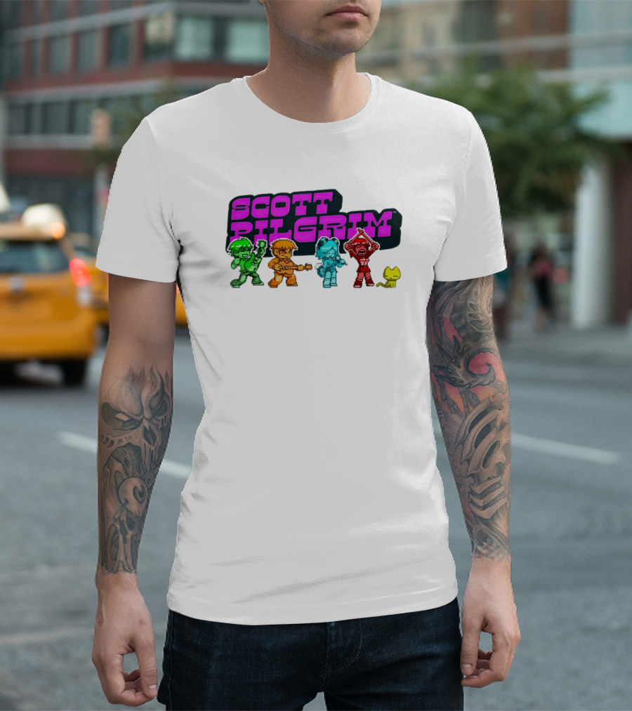 Scott Pilgrim Pixel Characters with Neon Title and Cat T-Shirt
