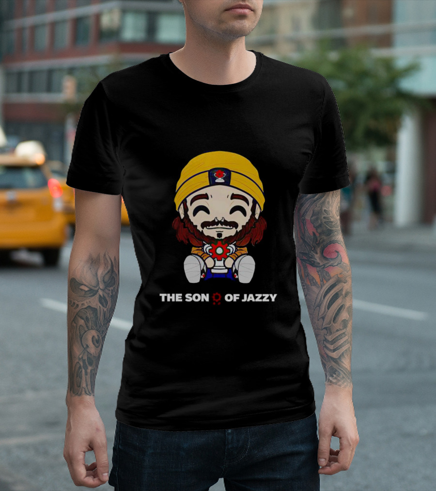 THE SON OF JAZZY Yellow Beanie Character Holding T-Shirt