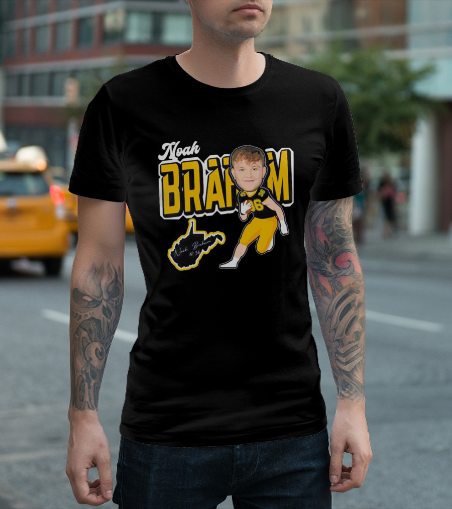 Noah Braham WVU Football Caricature with Jersey Number 36 and Signature T-Shirt