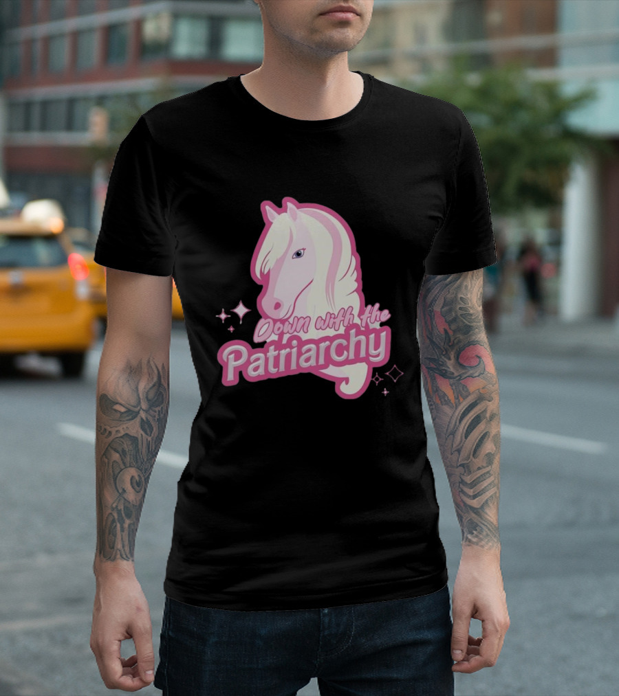 Down with the Patriarchy Pink Horse Illustration with Sparkles T-Shirt