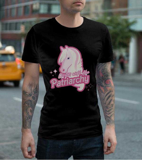 Down With The Patriarchy Pink Horse Illustration With Sparkles T-Shirt