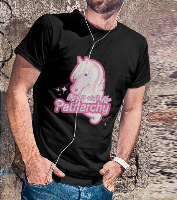 Down With The Patriarchy Pink Horse Illustration With Sparkles T-Shirt