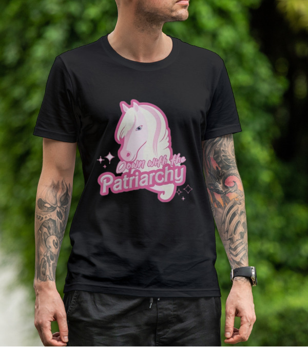 Down With The Patriarchy Pink Horse Illustration With Sparkles T-Shirt