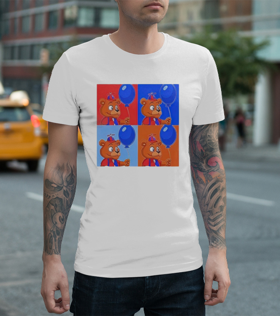 Men's Balloon Freddy Grid Art Style Bear With Blue Balloon T-Shirt