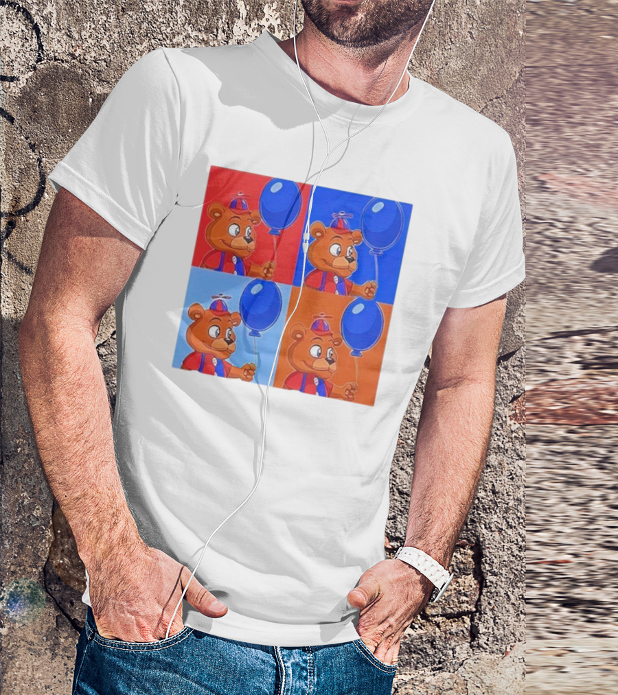 Men's Balloon Freddy Grid Art Style Bear With Blue Balloon T-Shirt