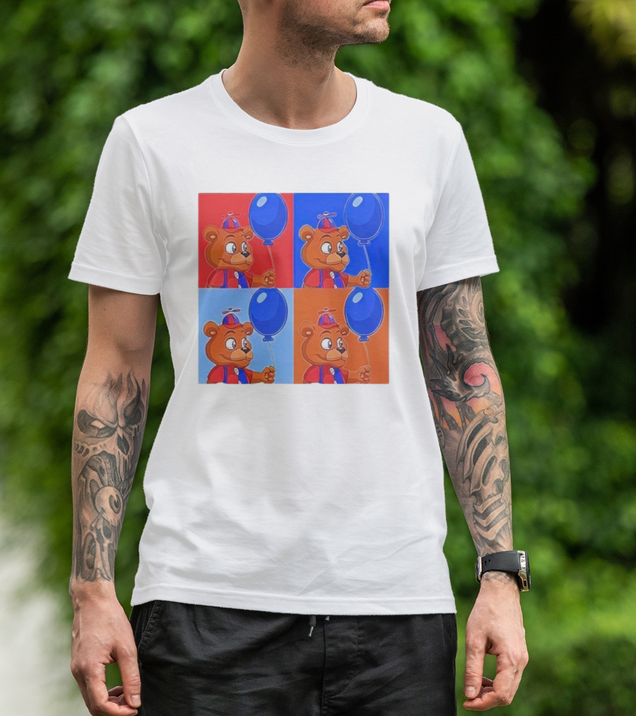 Men's Balloon Freddy Grid Art Style Bear With Blue Balloon T-Shirt