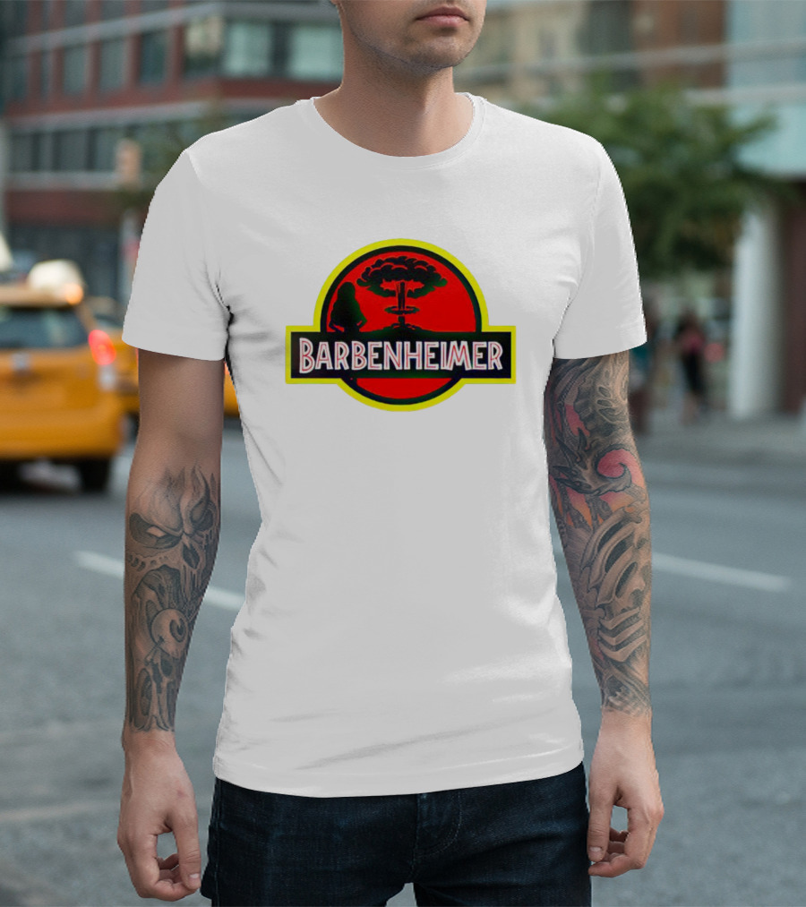 Barbenheimer Jurassic Park Logo with Explosion T-Shirt