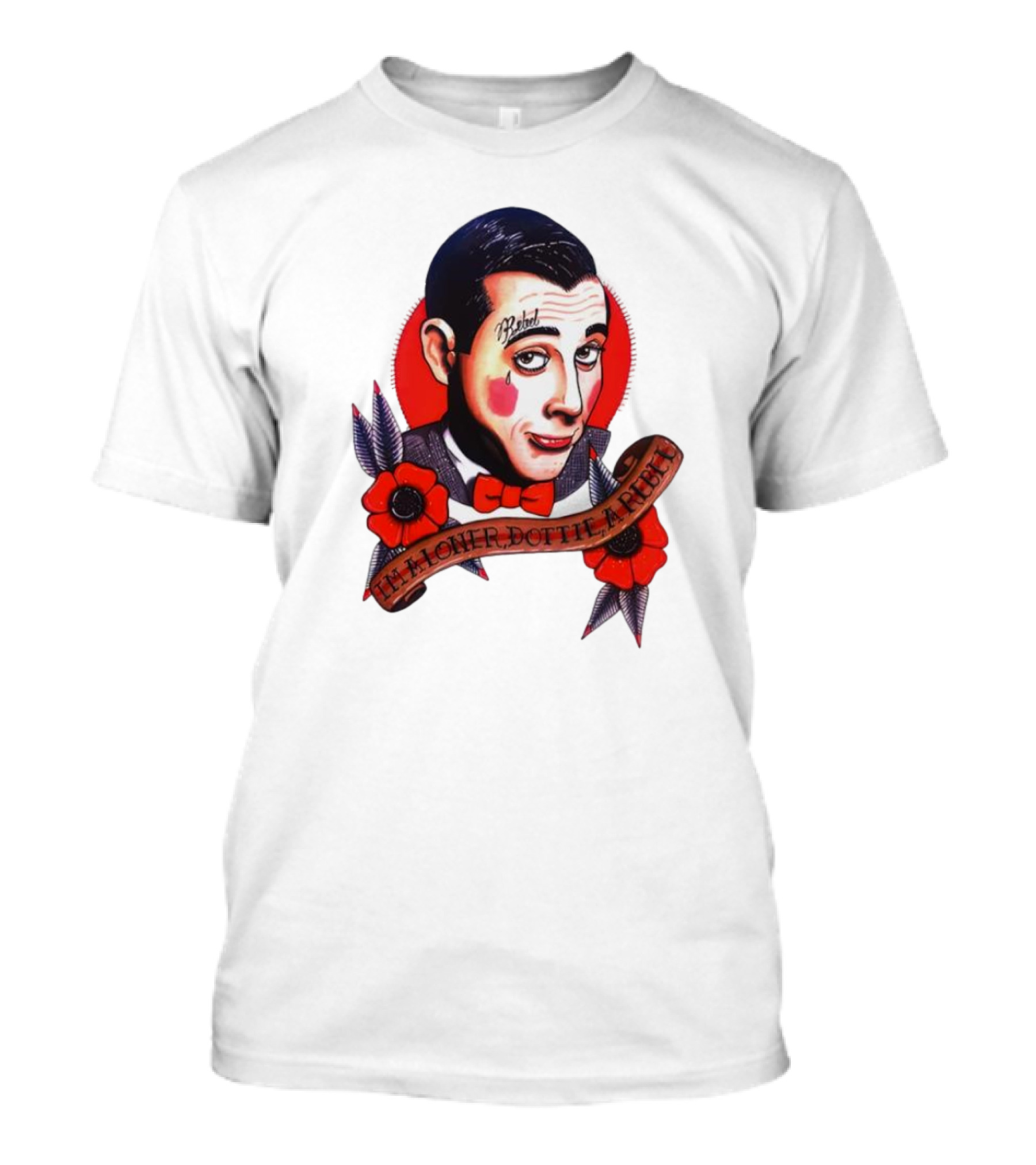 Men’s Funny Pee Wee Herman Rebel Tattoo Style Art With Flowers And Red Bow Tie T-Shirt