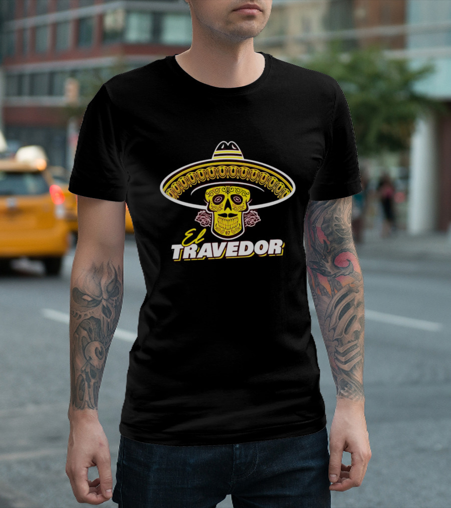 El Travedor Mexican Sugar Skull Sombrero Yellow Pink Roses T-Shirt