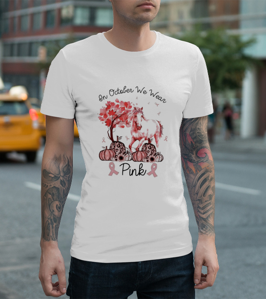 In October We Wear Pink Horse Ribbon Pumpkins Halloween T-Shirt