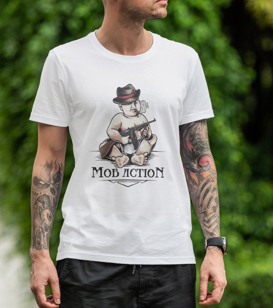 Baby Capone Mob Action Smoking Baby With Machine Gun T-Shirt