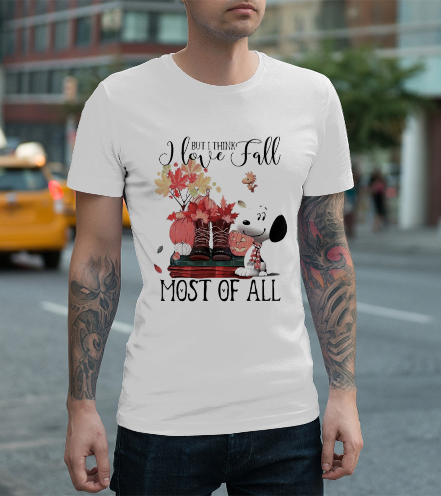 I Love Fall Most of All Snoopy Dog with Boots Pumpkins and Leaves T-Shirt
