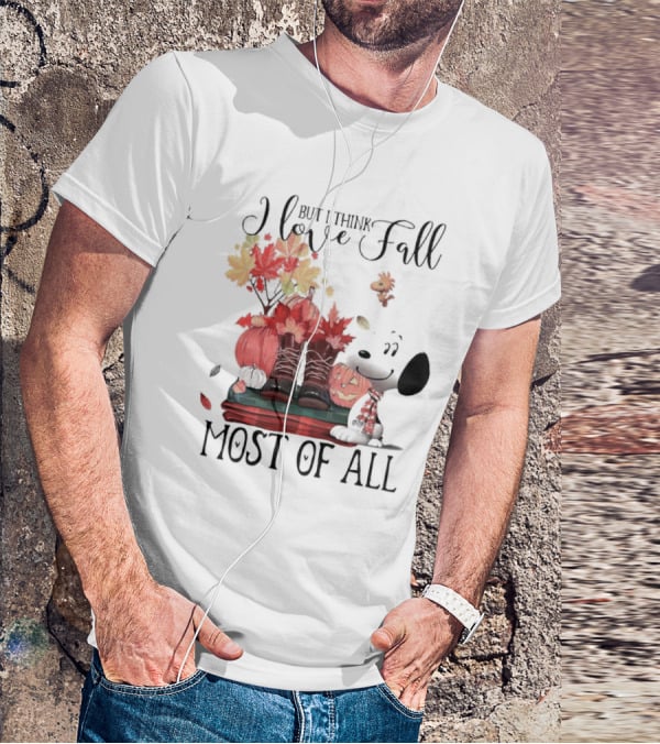 I Love Fall Most Of All Snoopy Dog With Boots Pumpkins And Leaves T-Shirt