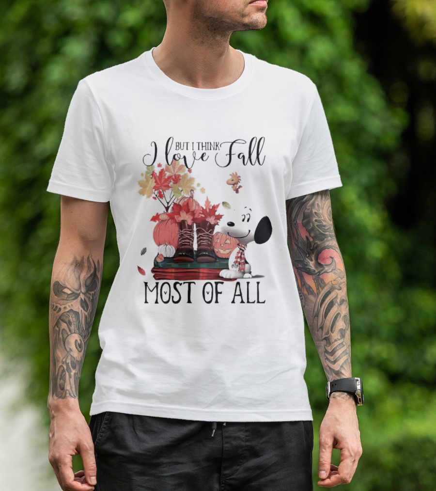 I Love Fall Most Of All Snoopy Dog With Boots Pumpkins And Leaves T-Shirt