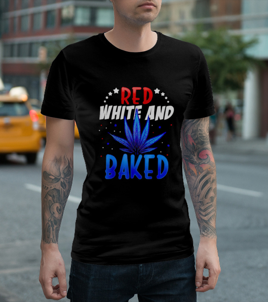Red White and Baked Weed Leaf with Stars and Dots T-Shirt