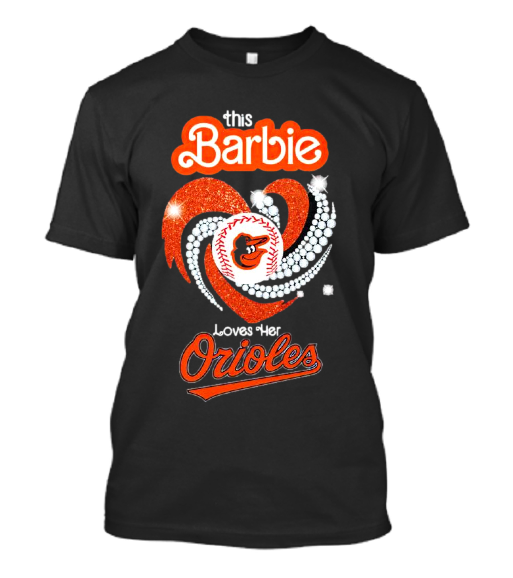 This Barbie Loves Her Orioles Baltimore Baseball Sparkle Heart T-Shirt