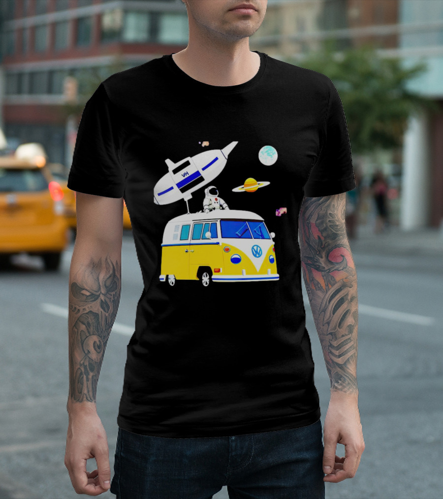 Astronaut Riding Yellow Volkswagen Bus with Rocket and Saturn Planet Background T-Shirt