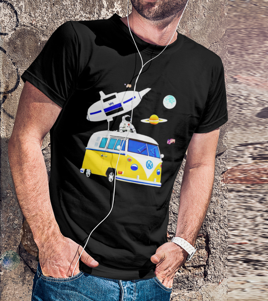 Astronaut Riding Yellow Volkswagen Bus With Rocket And Saturn Planet Background T-Shirt