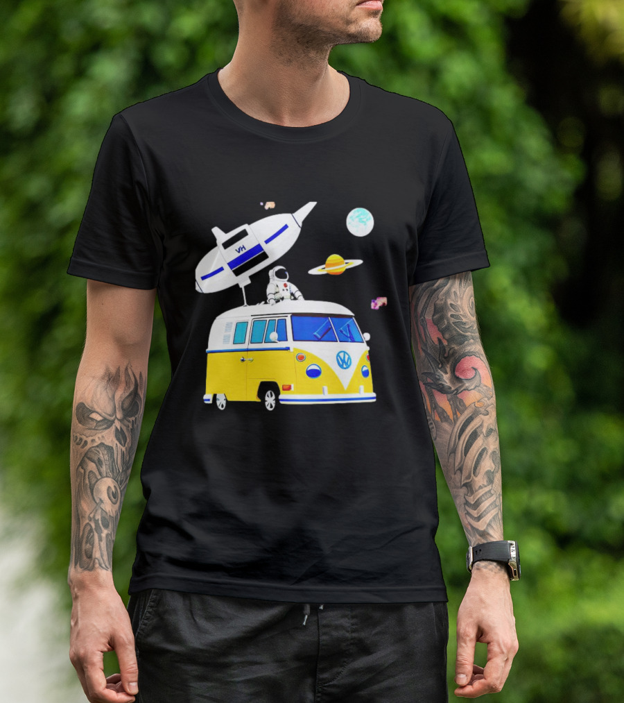 Astronaut Riding Yellow Volkswagen Bus With Rocket And Saturn Planet Background T-Shirt