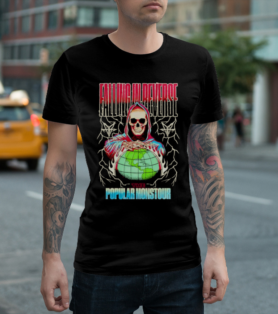Falling In Reverse The Popular Monstour Reaper Hoodie Skeleton Globe T-Shirt
