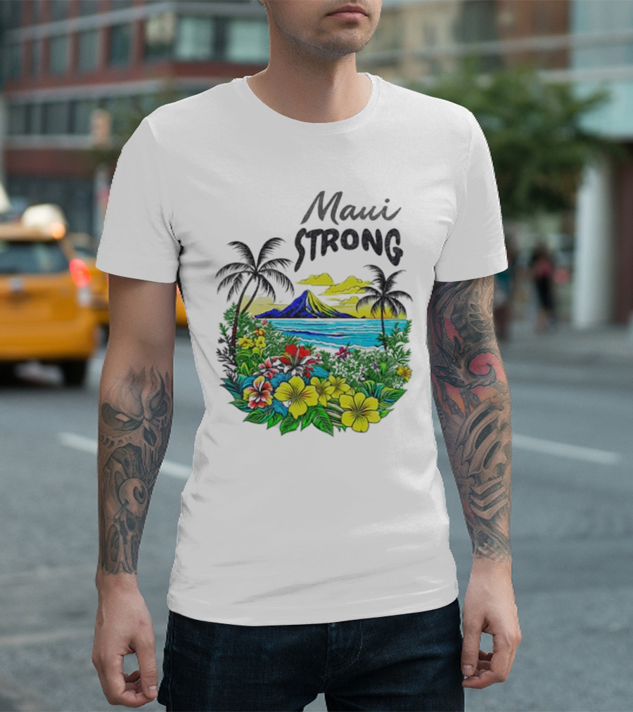 Maui Strong Fundraiser Helping Maui Fire Relief Efforts Vibrant Hawaiian Island Scene T-Shirt