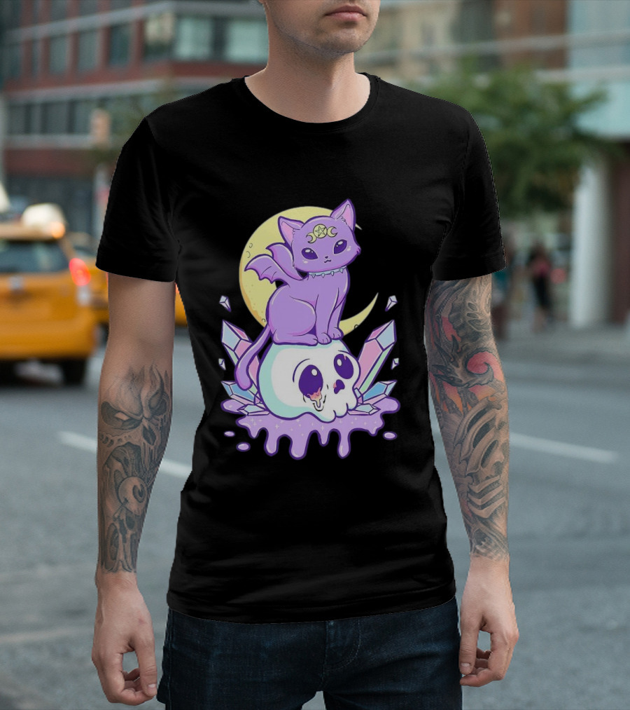 Witchy Cat with Moon and Skull Crystals T-Shirt