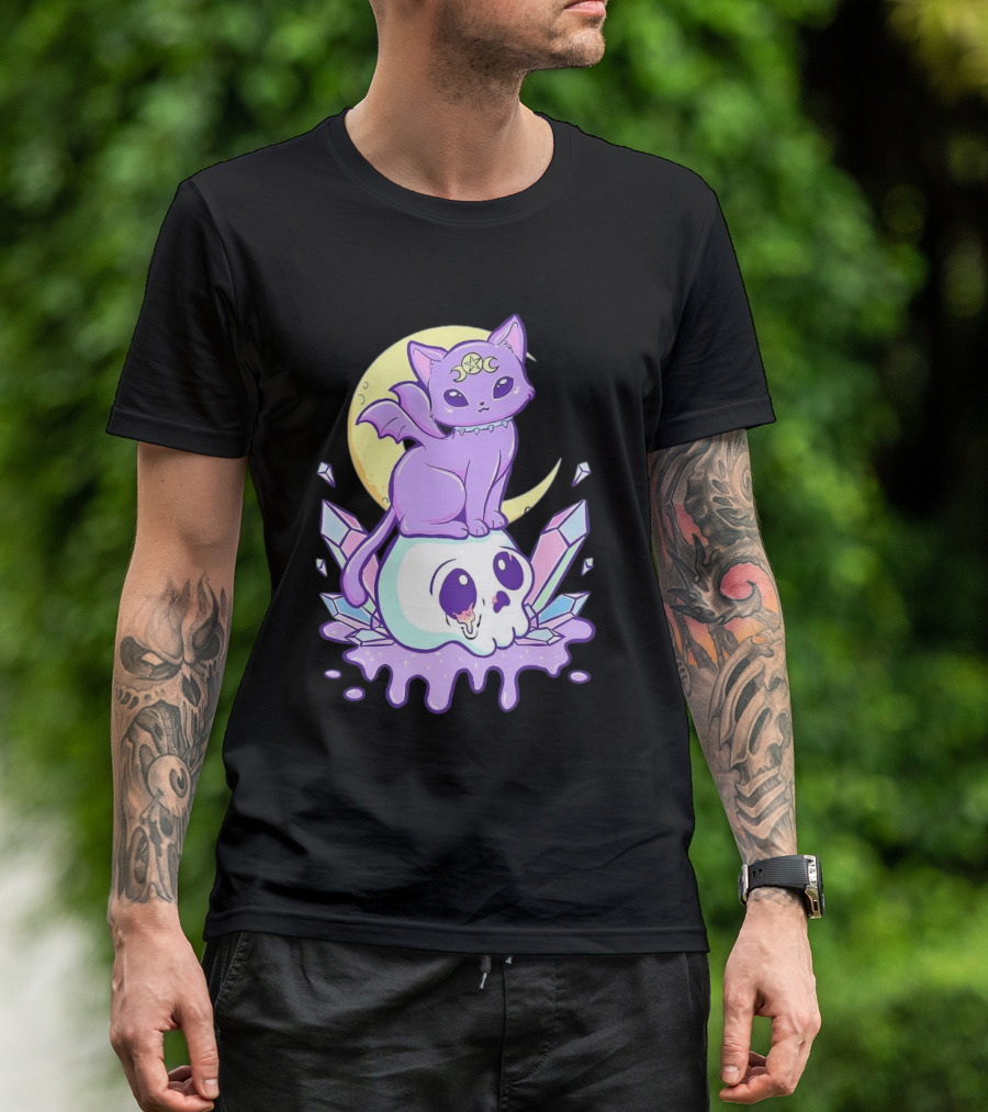 Witchy Cat With Moon And Skull Crystals T-Shirt
