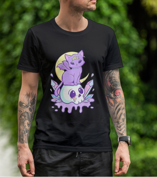 Witchy Cat With Moon And Skull Crystals T-Shirt