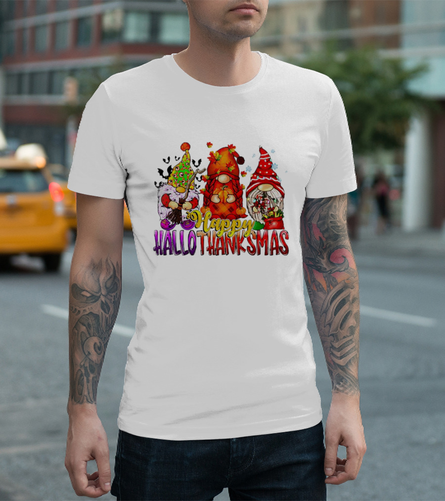Happy Hallothanksmas Gnomes Halloween Thanksgiving Christmas T-Shirt