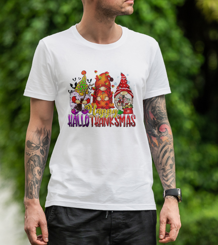 Happy Hallothanksmas Gnomes Halloween Thanksgiving Christmas T-Shirt