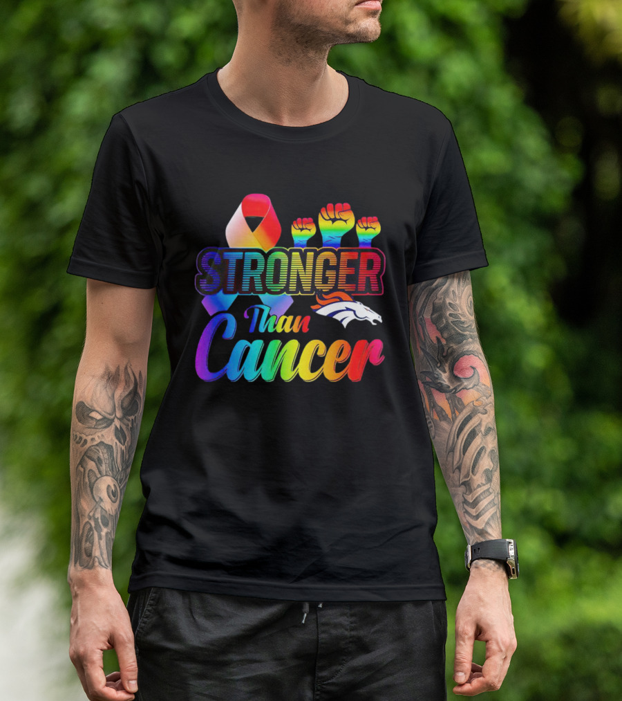Denver Broncos Stronger Than Cancer Rainbow Ribbon Fists T-Shirt