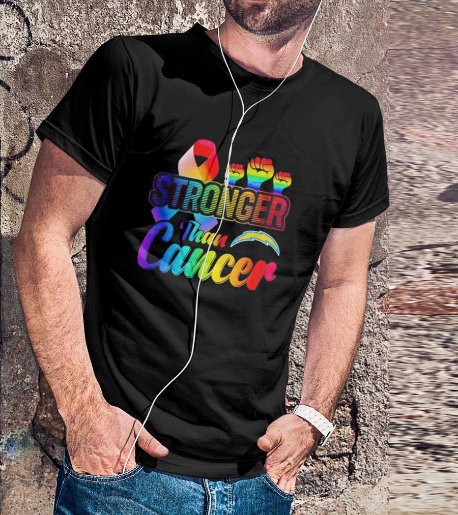 Los Angeles Chargers Stronger Than Cancer Rainbow Ribbon And Fists T-Shirt