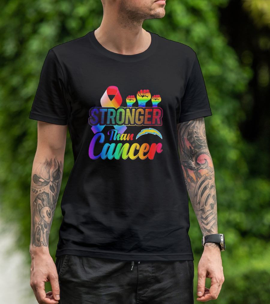 Los Angeles Chargers Stronger Than Cancer Rainbow Ribbon And Fists T-Shirt