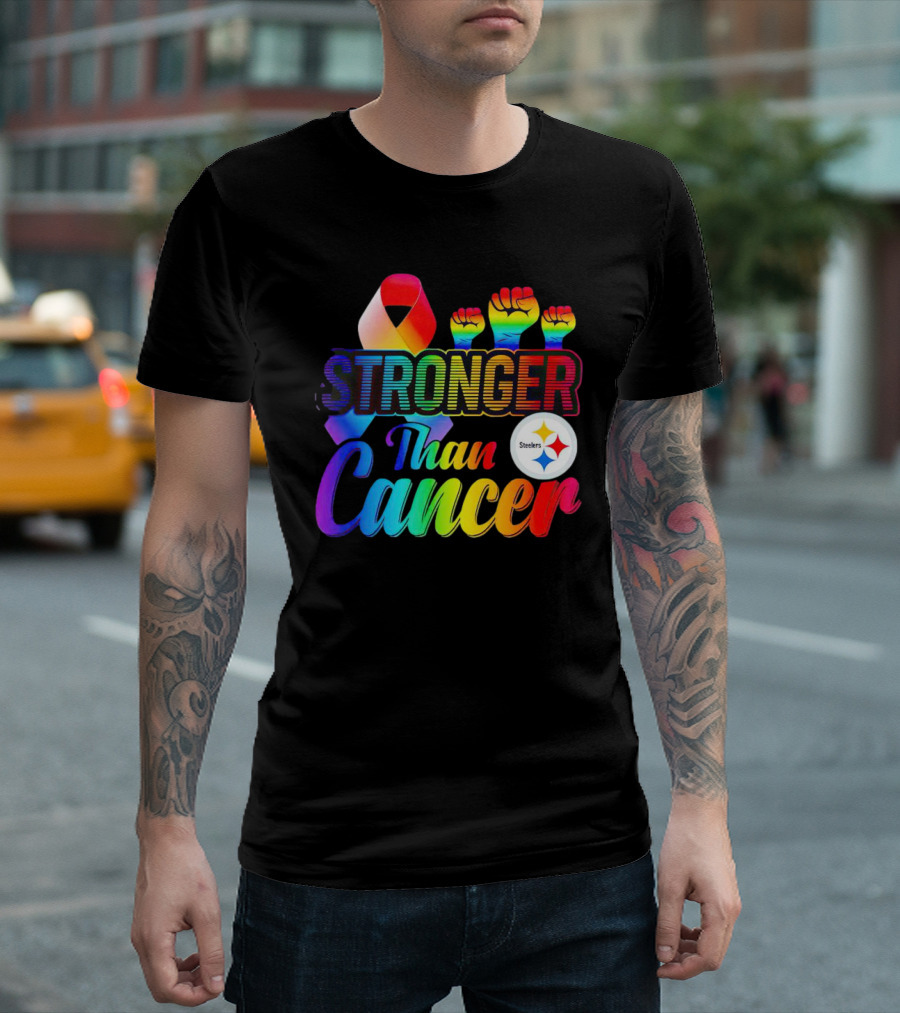 Pittsburgh Steelers Stronger Than Cancer Rainbow Ribbon and Fists T-Shirt