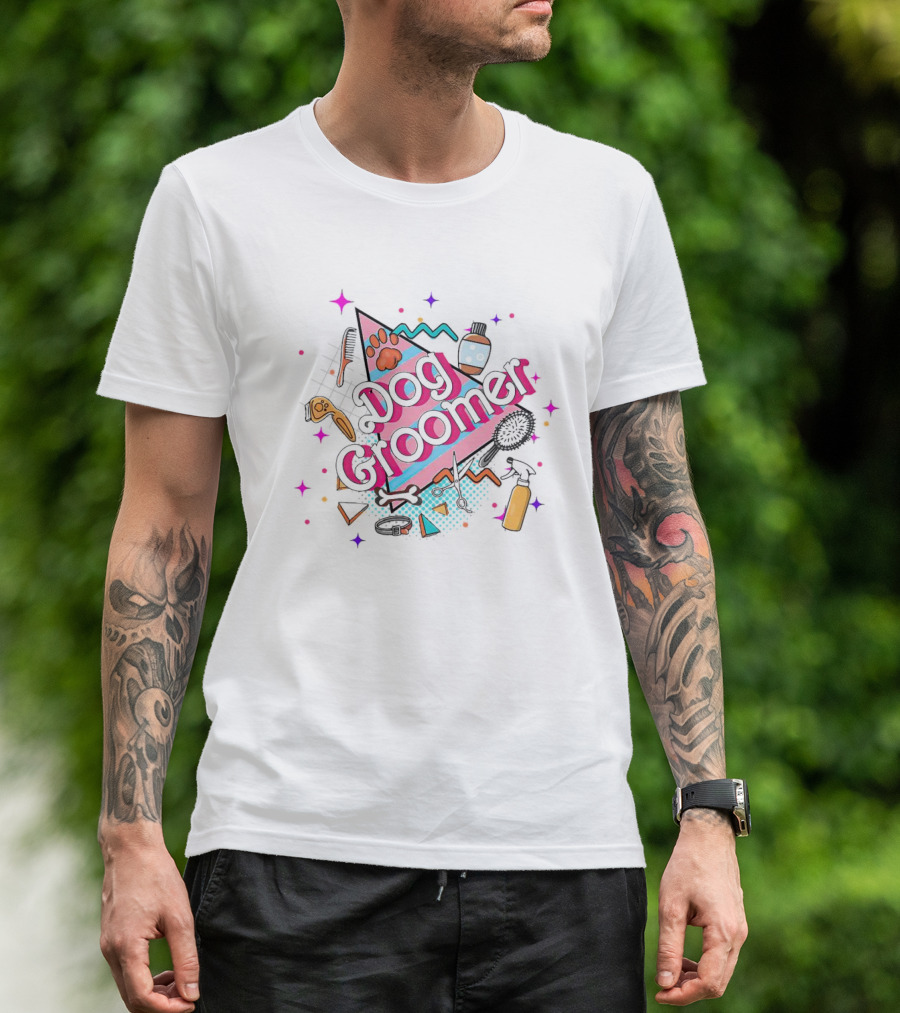 Dog Groomer Retro Pink Triangle Paws And Tools T-Shirt