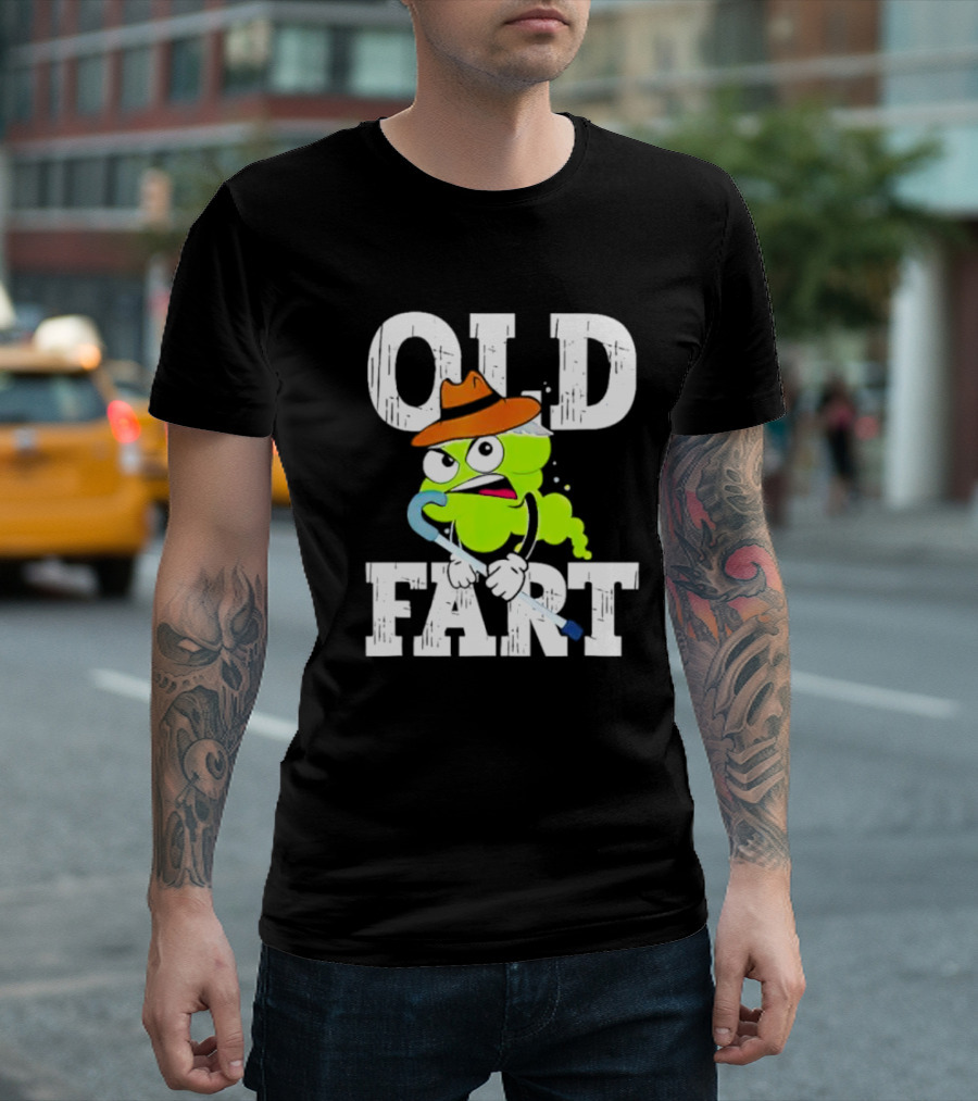 Old Fart Wearing Fedora with Cane Character T-Shirt