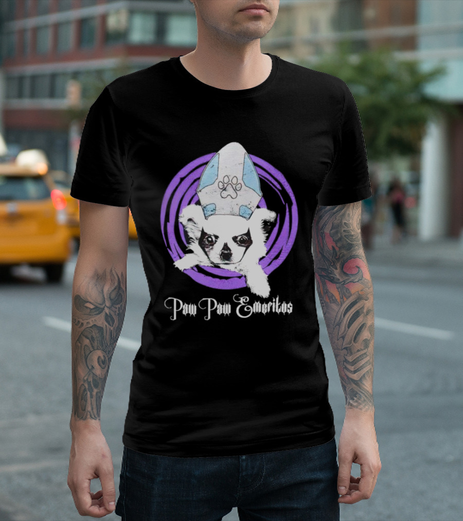 Paw Paw Emeritus Dog With White Mitre Hat And Purple Circle T-Shirt