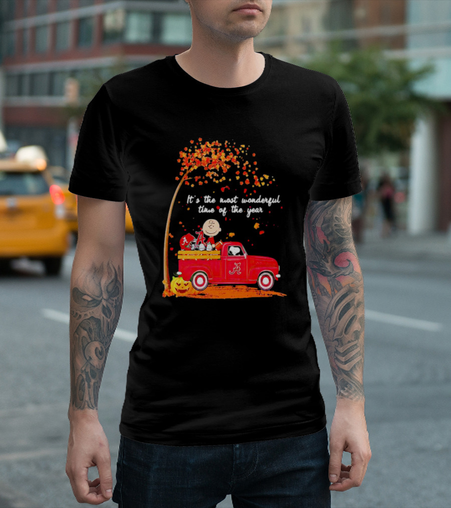 Peanuts Characters Alabama Crimson Tide Fall It's The Most Wonderful Time Of The Year Truck Football Pumpkins Leaves T-Shirt
