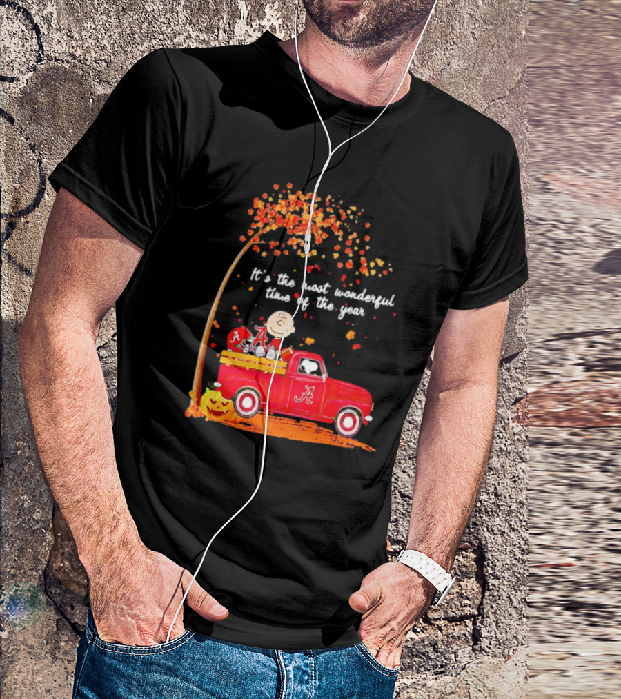 Peanuts Characters Alabama Crimson Tide Fall It's The Most Wonderful Time Of The Year Truck Football Pumpkins Leaves T-Shirt