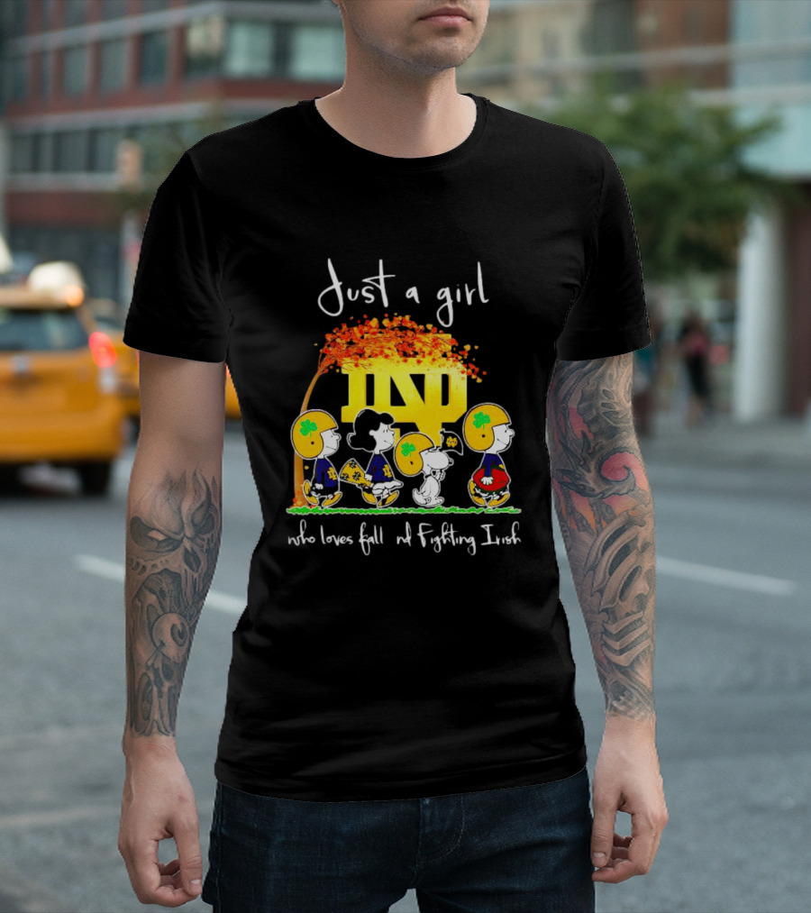 Just A Girl Who Loves Fall ND Fighting Irish Peanuts Characters T-Shirt